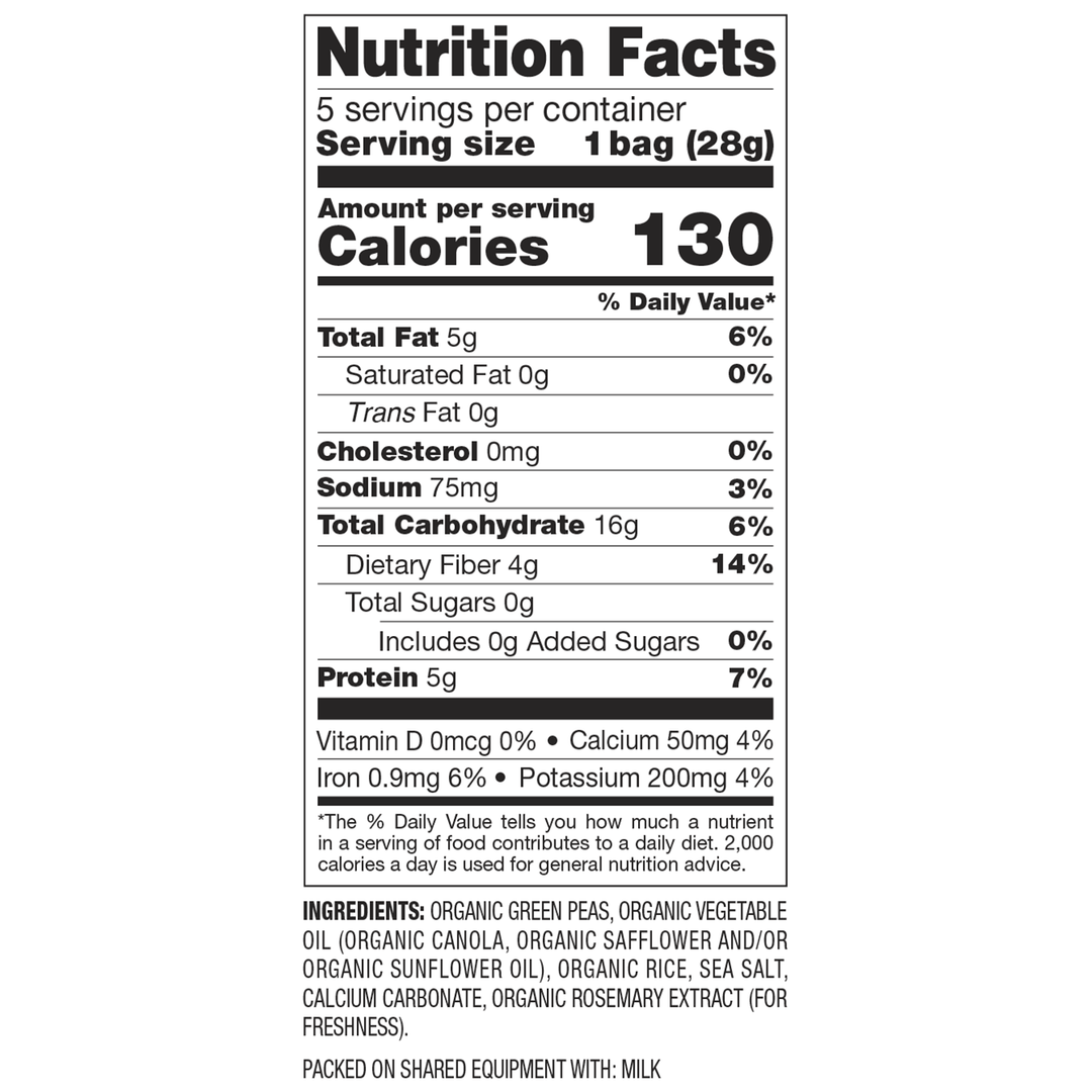 Nutrition facts label for a food item. Contains 130 calories per serving, 5g total fat, 16g carbs, 5g protein, and listed vitamins; made from organic ingredients.