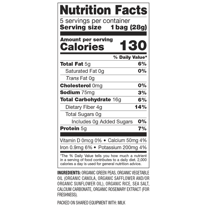 Nutrition facts label for a food item. Contains 130 calories per serving, 5g total fat, 16g carbs, 5g protein, and listed vitamins; made from organic ingredients.