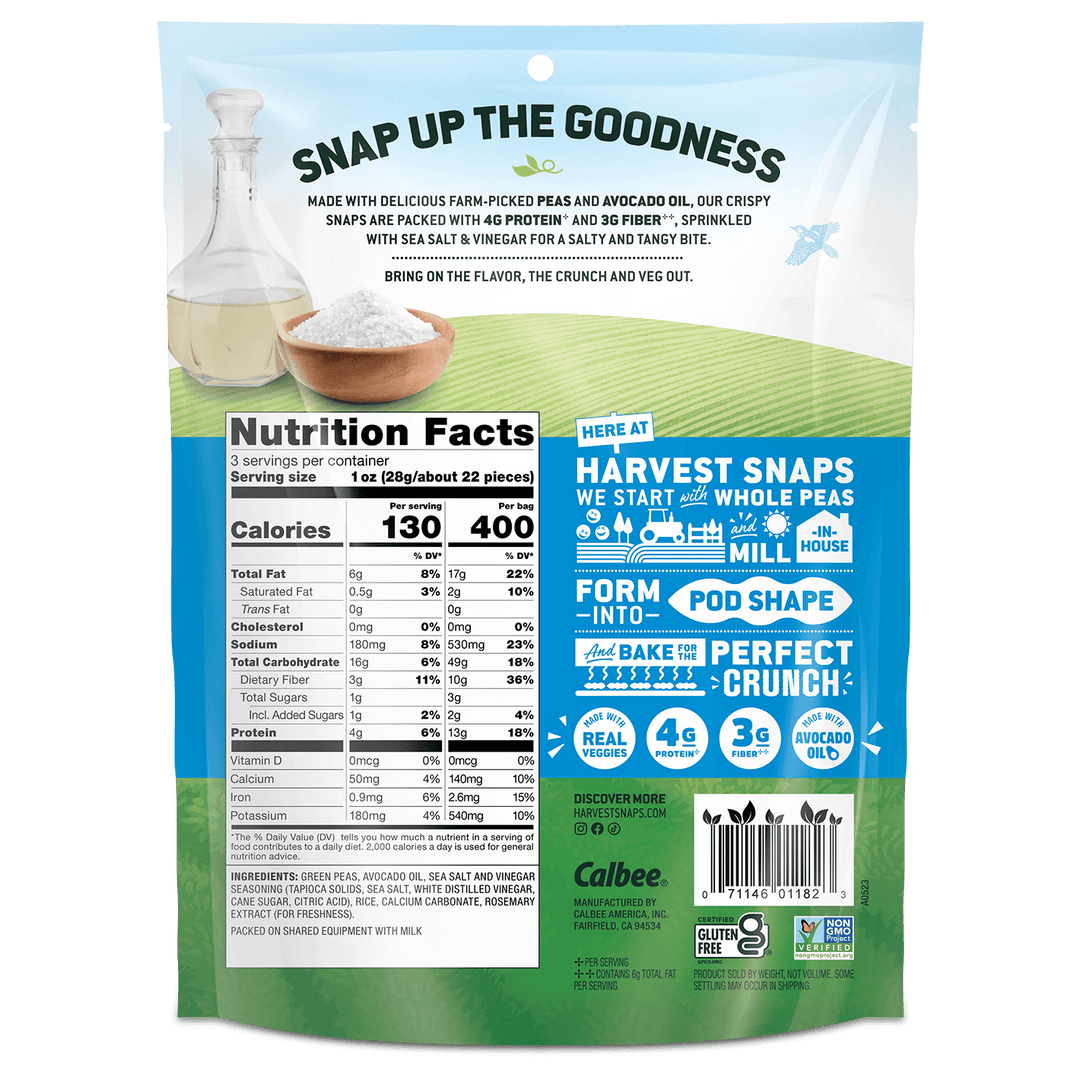 Back view of a Calbee Harvest Snaps snack bag, showing nutrition facts, ingredients, and product details on a white background.