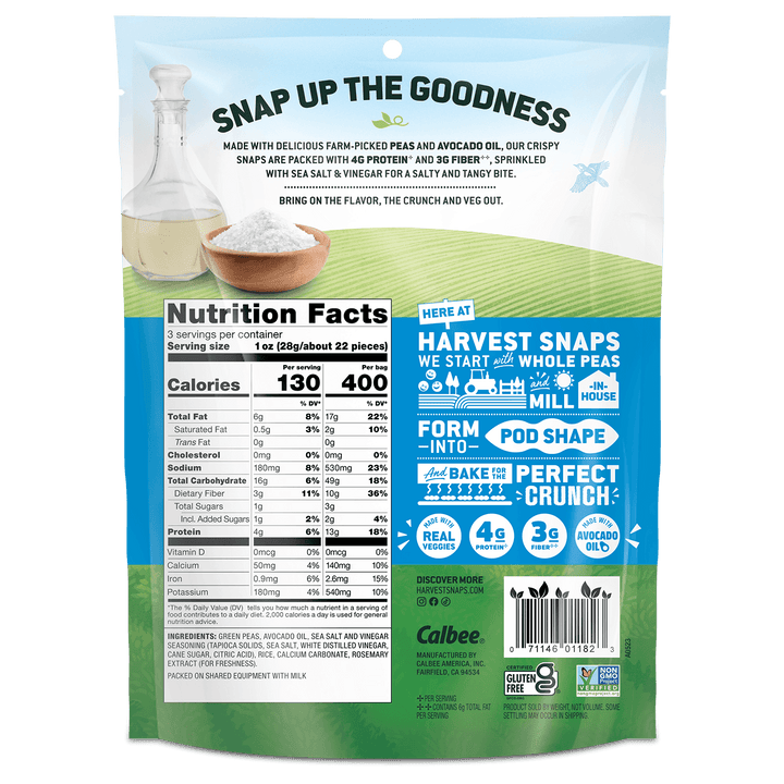 Back view of a Calbee Harvest Snaps snack bag, showing nutrition facts, ingredients, and product details on a white background.