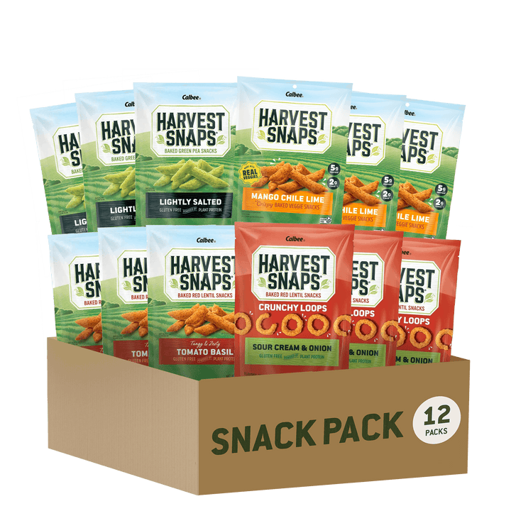 Box of Harvest Snaps snack packs with various flavors displayed called Best Sellers Variety Snack Pack 