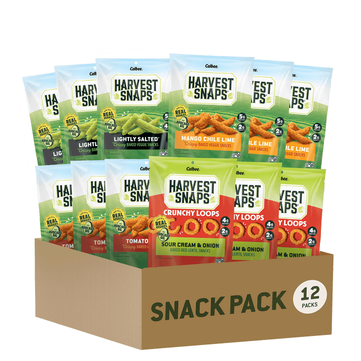 Calbee Harvest Snaps Best Sellers Variety Snack Pack with 12 bags of Tomato Basil, Lightly Salted, Mango Chile Lime, and Sour Cream & Onion crispy baked snacks in a cardboard box.