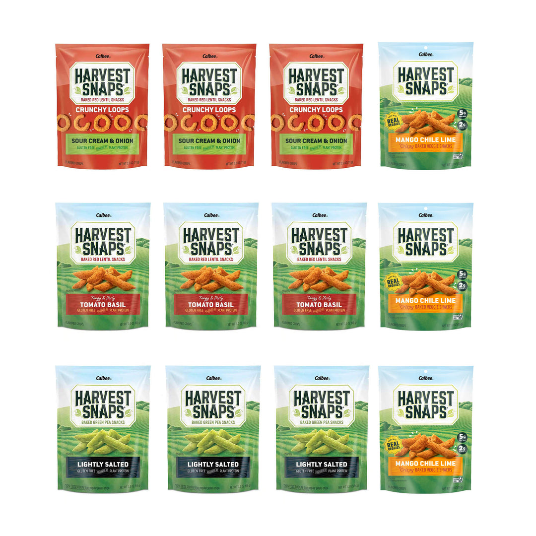 Assorted packages of Harvest Snaps snacks called Best Sellers Variety Snack Pack on a white background