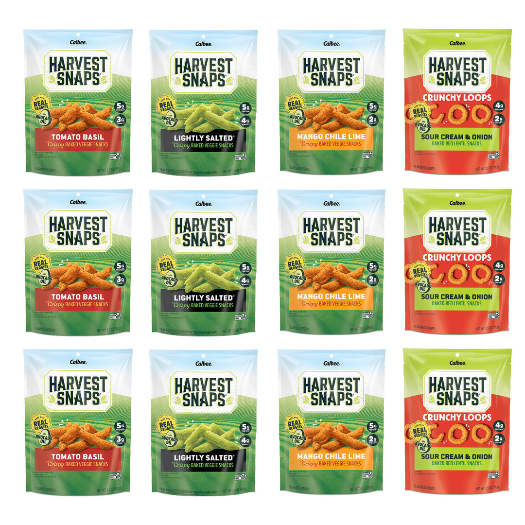Calbee Harvest Snaps 12-Pack variety assortment featuring three bags each of Tomato Basil, Lightly Salted, Mango Chile Lime, and Sour Cream & Onion crunchy vegetable snacks.