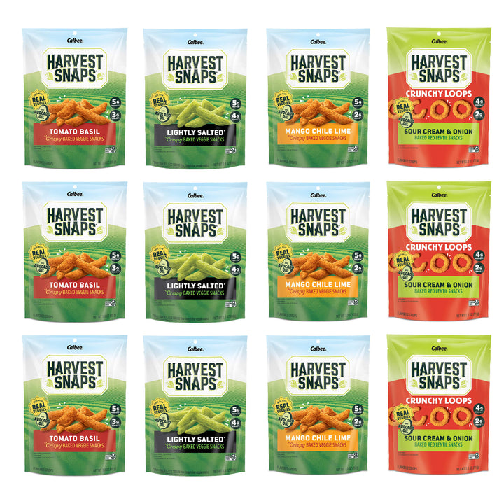 Calbee Harvest Snaps 12-Pack variety assortment featuring three bags each of Tomato Basil, Lightly Salted, Mango Chile Lime, and Sour Cream & Onion crunchy vegetable snacks.