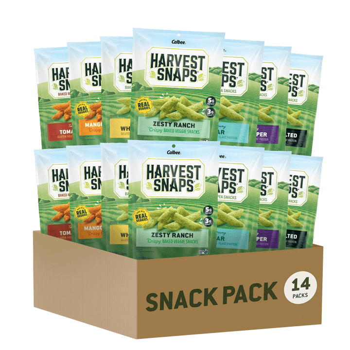 Box of Harvest Snaps snack packs with various flavors displayed called Snack Crisp Variety Pack