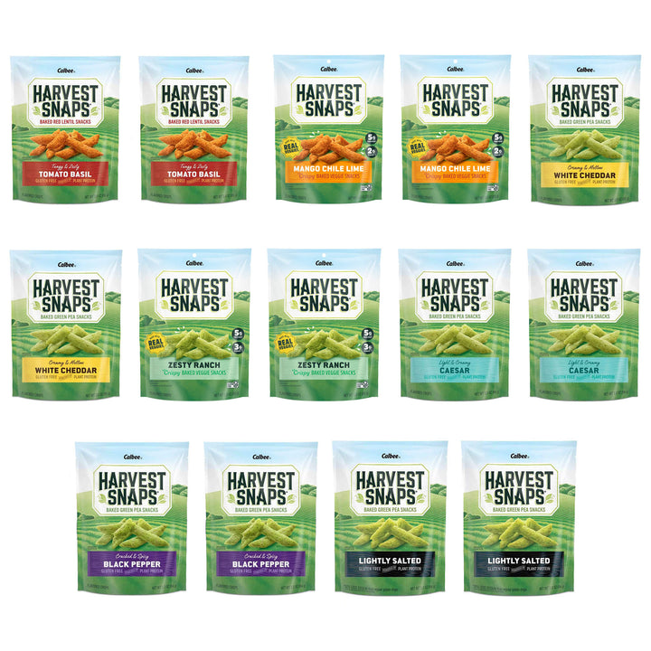 Grid of Harvest Snaps snack packages with various flavors called Snack Crisp Variety Pack on a white background
