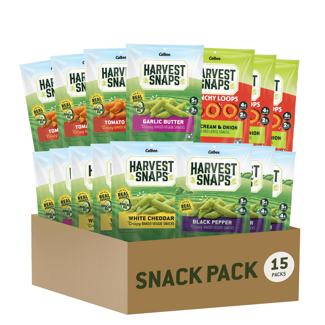 Calbee Harvest Snaps Savory Variety Snack Pack featuring 15 bags of crispy baked veggie snacks in five flavors, arranged in a cardboard snack box.