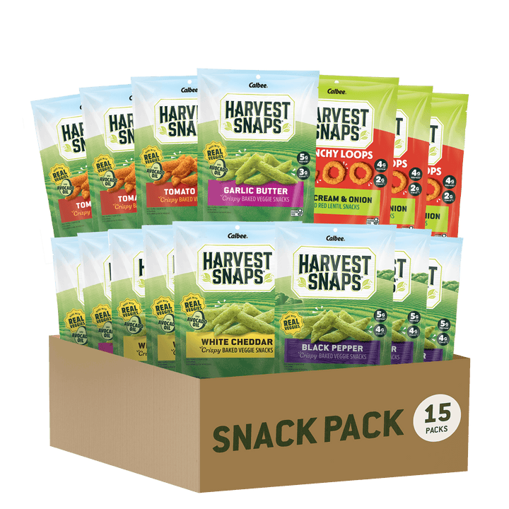 Calbee Harvest Snaps Savory Variety Snack Pack featuring 15 bags of crispy baked veggie snacks in five flavors, arranged in a cardboard snack box.