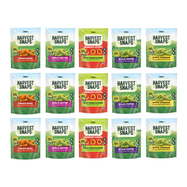 Calbee Harvest Snaps 15-Pack savory snack assortment featuring three bags each of Tomato Basil, Garlic Butter, Sour Cream & Onion Crunchy Loops, Black Pepper, and White Cheddar.